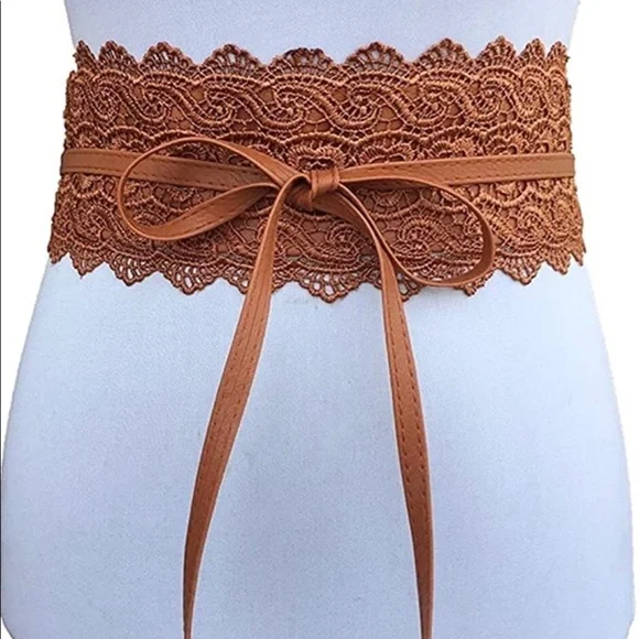 Black Lace faux leather wide boho belt stretch - Picture 8 of 10